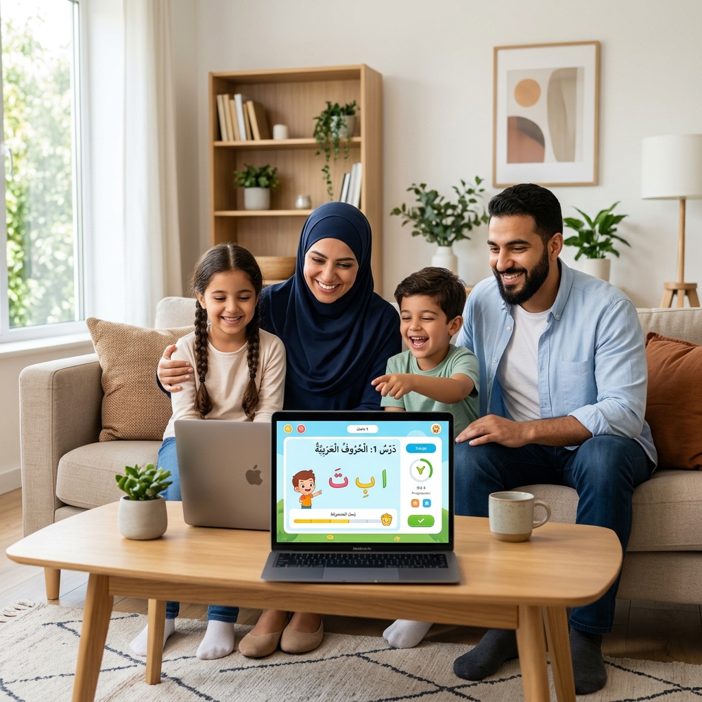 Happy Muslim family enjoying the benefits of learning Quran online at home