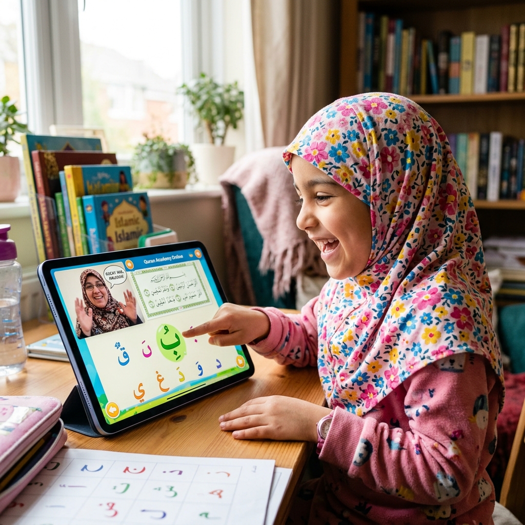 ADHD child eagerly learning Quran online with interactive tools