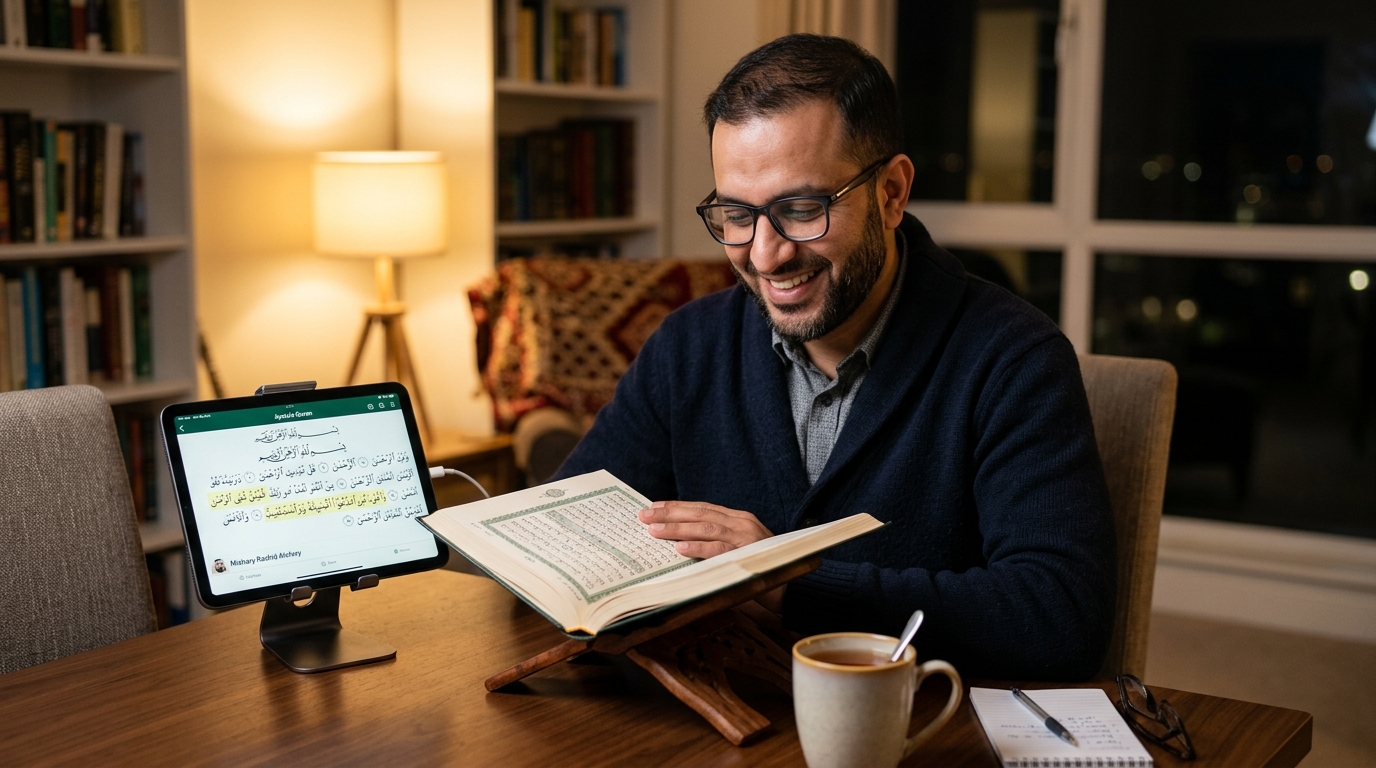 Adult Muslim professional learning Quran online on a laptop from home in the evening