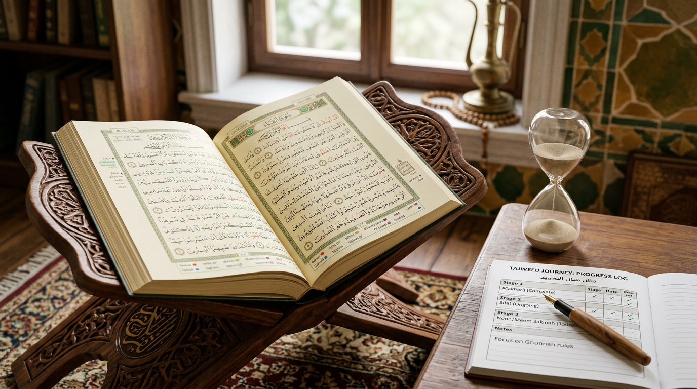 Hourglass next to a Holy Quran symbolizing the learning timeline and dedication needed for Tajweed