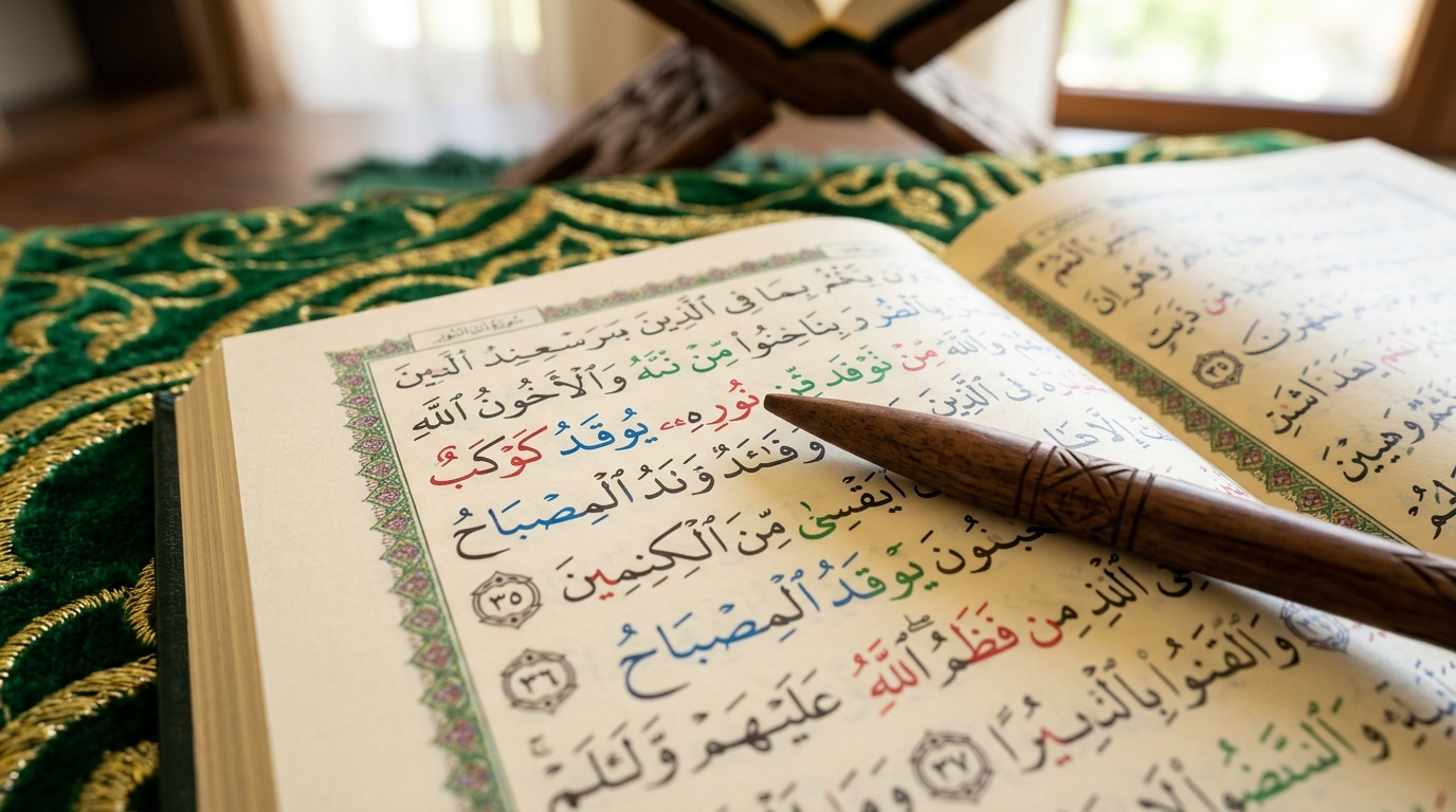 Computer screen showing a color-coded Tajweed Mushaf with highlighted pronunciation rules during an online class