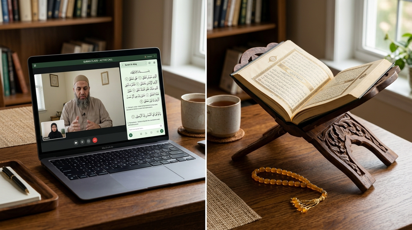 Side by side visual comparison of digital online Quran learning on a laptop versus a traditional classroom madrasah