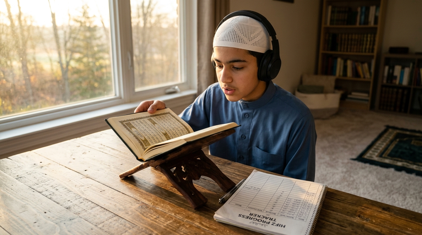 Young student revising Quran memorization early in the morning with an open Mushaf on a wooden stand
