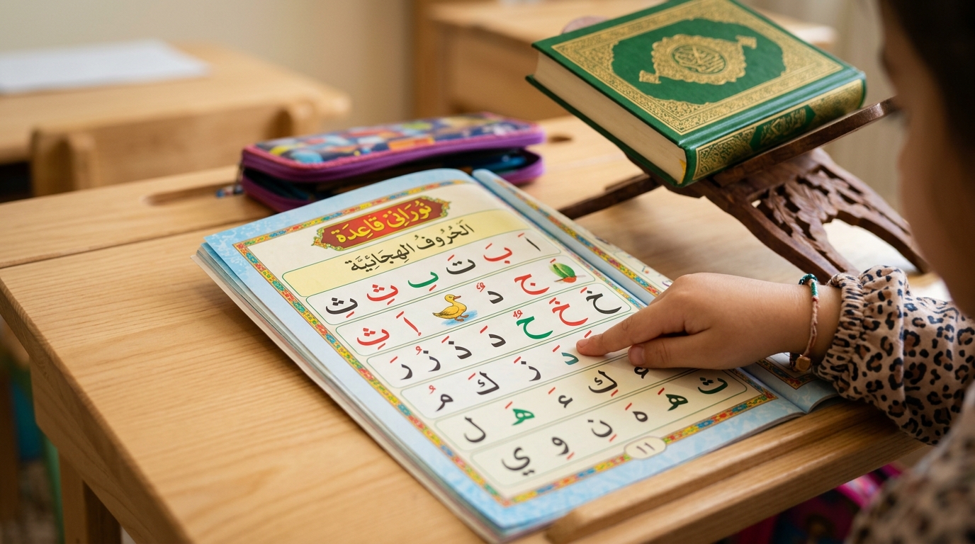Detailed diagram showing Arabic letter connections and short vowel marks for Quran reading beginners
