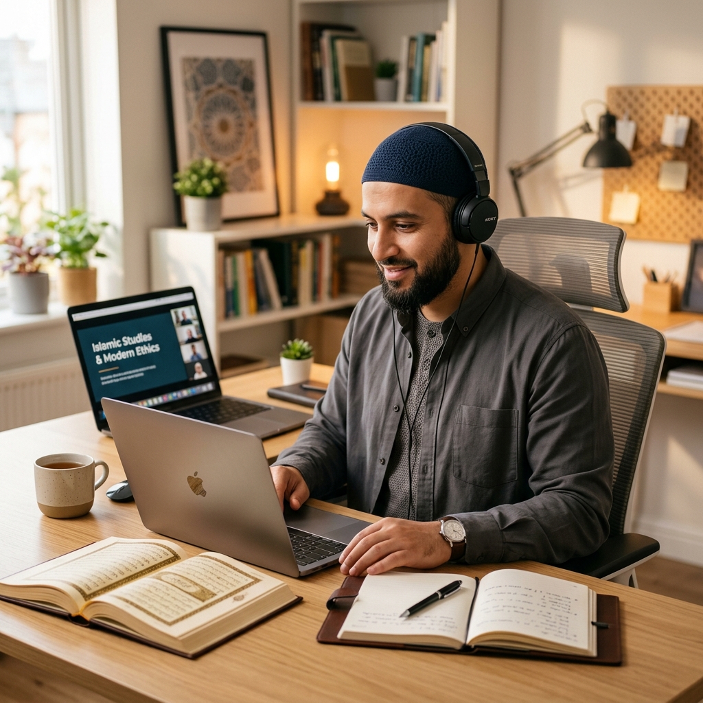 Adult student learning Quran online from home with laptop and headphones in a peaceful study environment