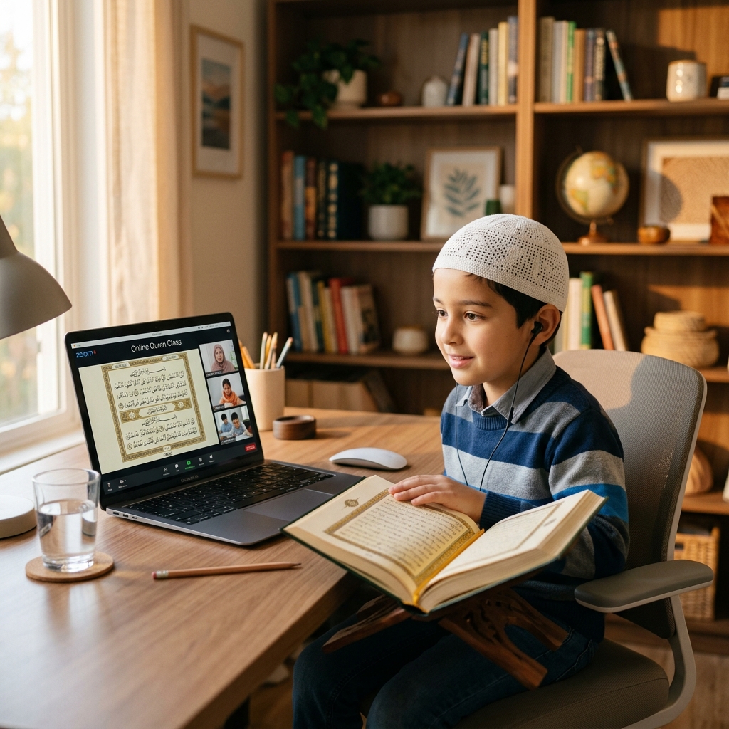 Young Muslim child learning Quran online with expert teacher at QuranHeaven