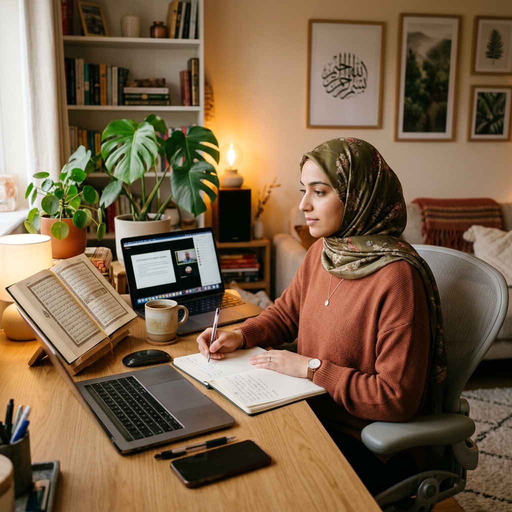 Muslim woman in hijab learning Quran online in a private comfortable home environment