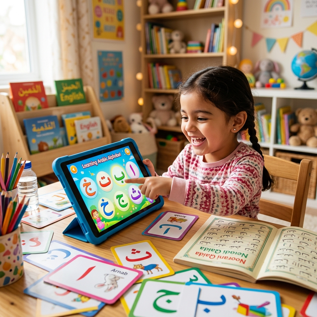 Young child excitedly learning Arabic alphabet letters on tablet with colorful flashcards