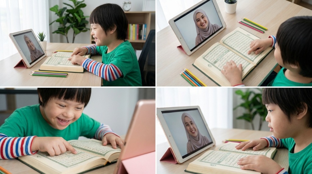 Autistic child engaged in 1-on-1 online Quran learning with visual schedule cards on tablet