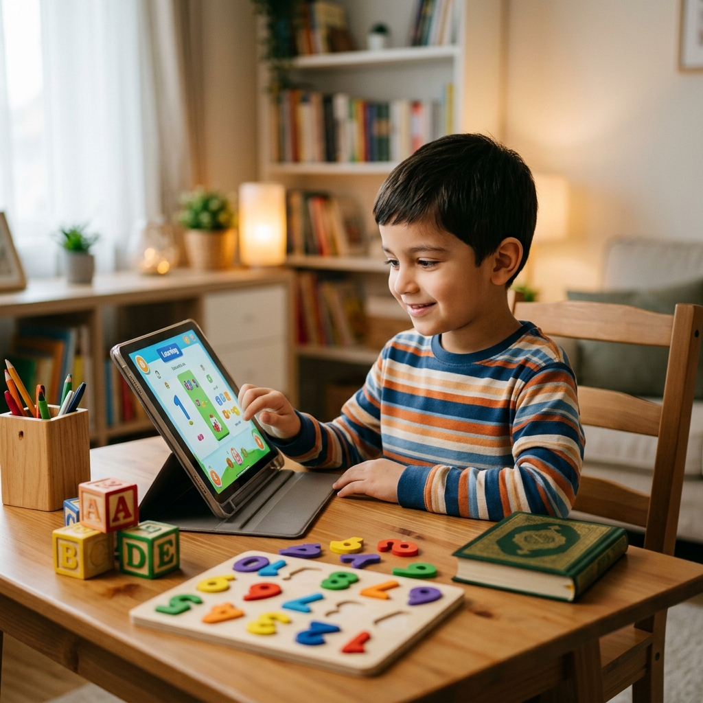 Special needs child learning Quran online with patient teacher using visual aids and supportive environment