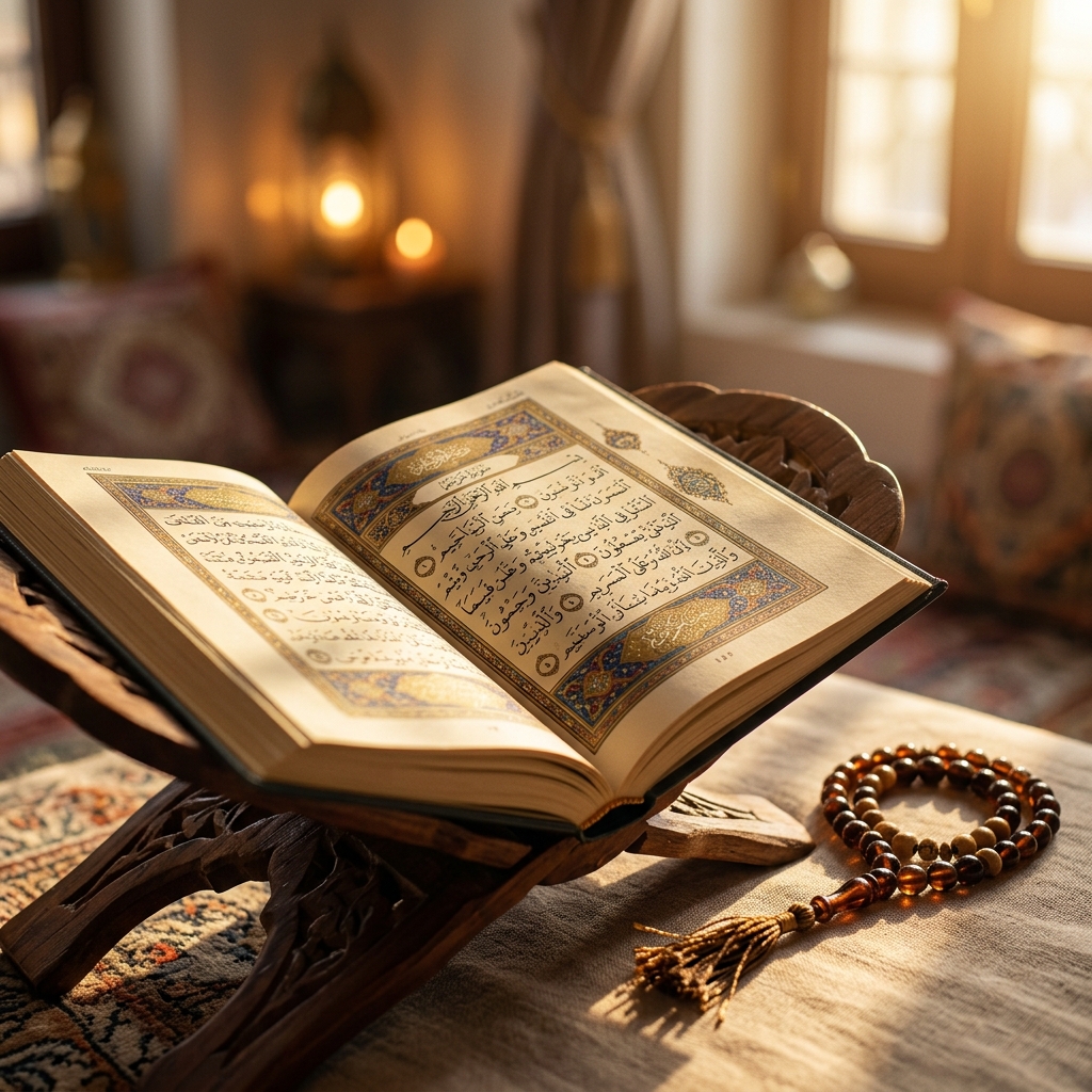 Beautiful open Quran with Arabic calligraphy on a wooden reading stand with warm golden light